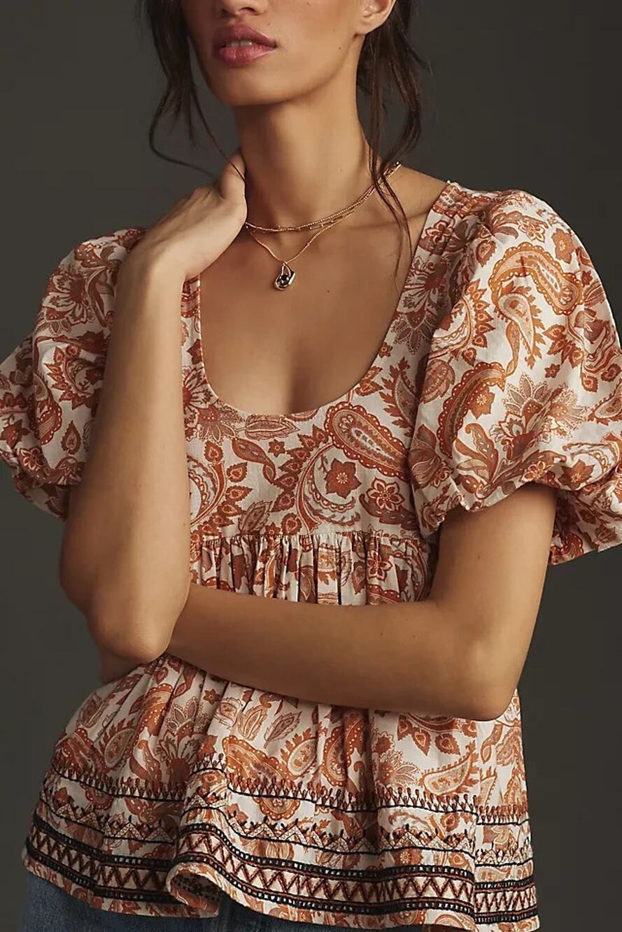 By Anthropologie Puff Sleeve Y2k Babydoll Blouse top Size Small Paisley A011291